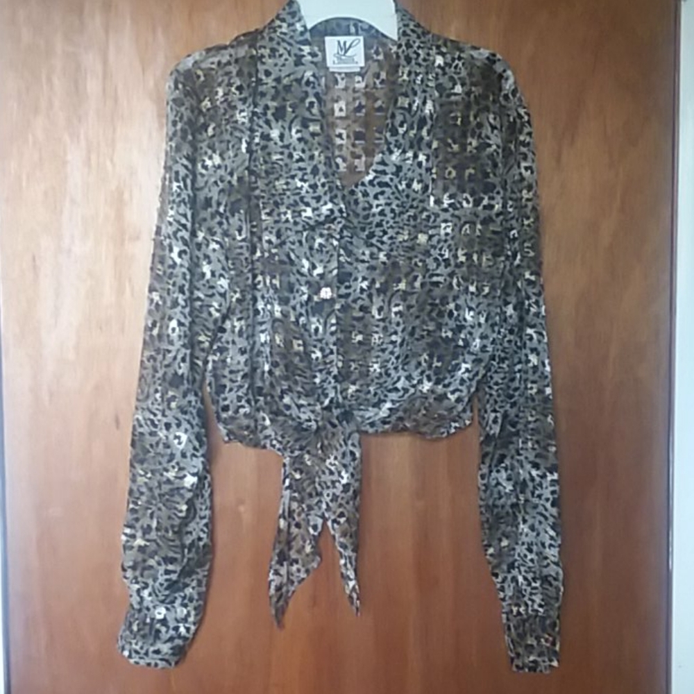Crop, tie/button up sheer long sleeved blouse